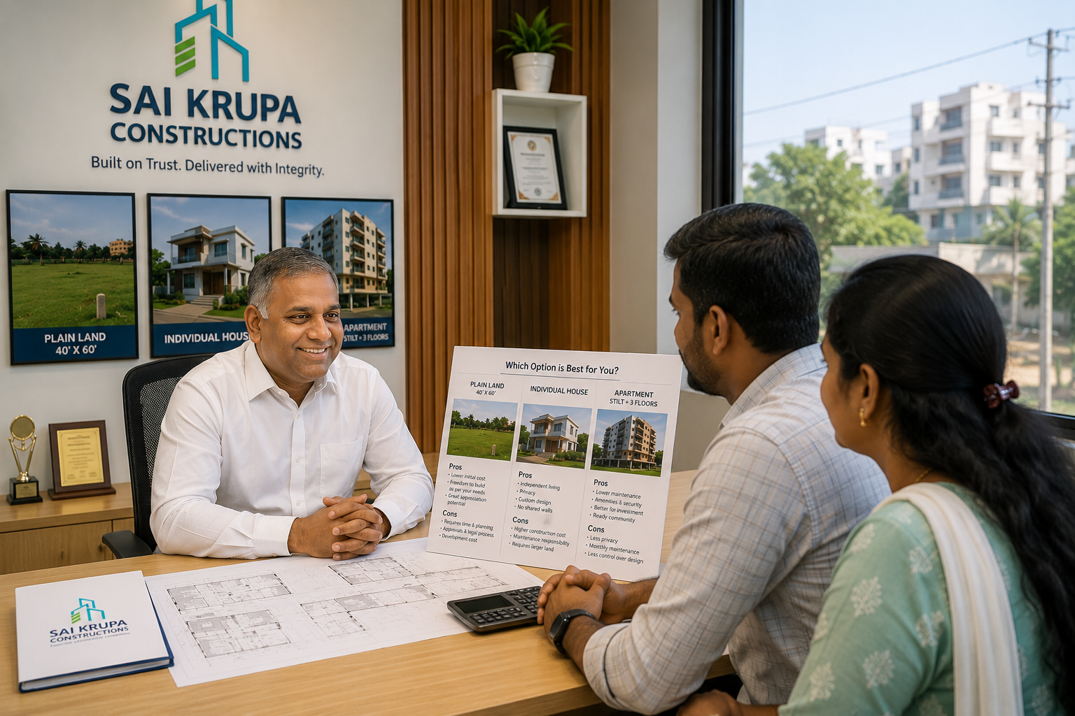 Sayee VN, Founder of Sai Krupa Constructions discussing a project with a customer